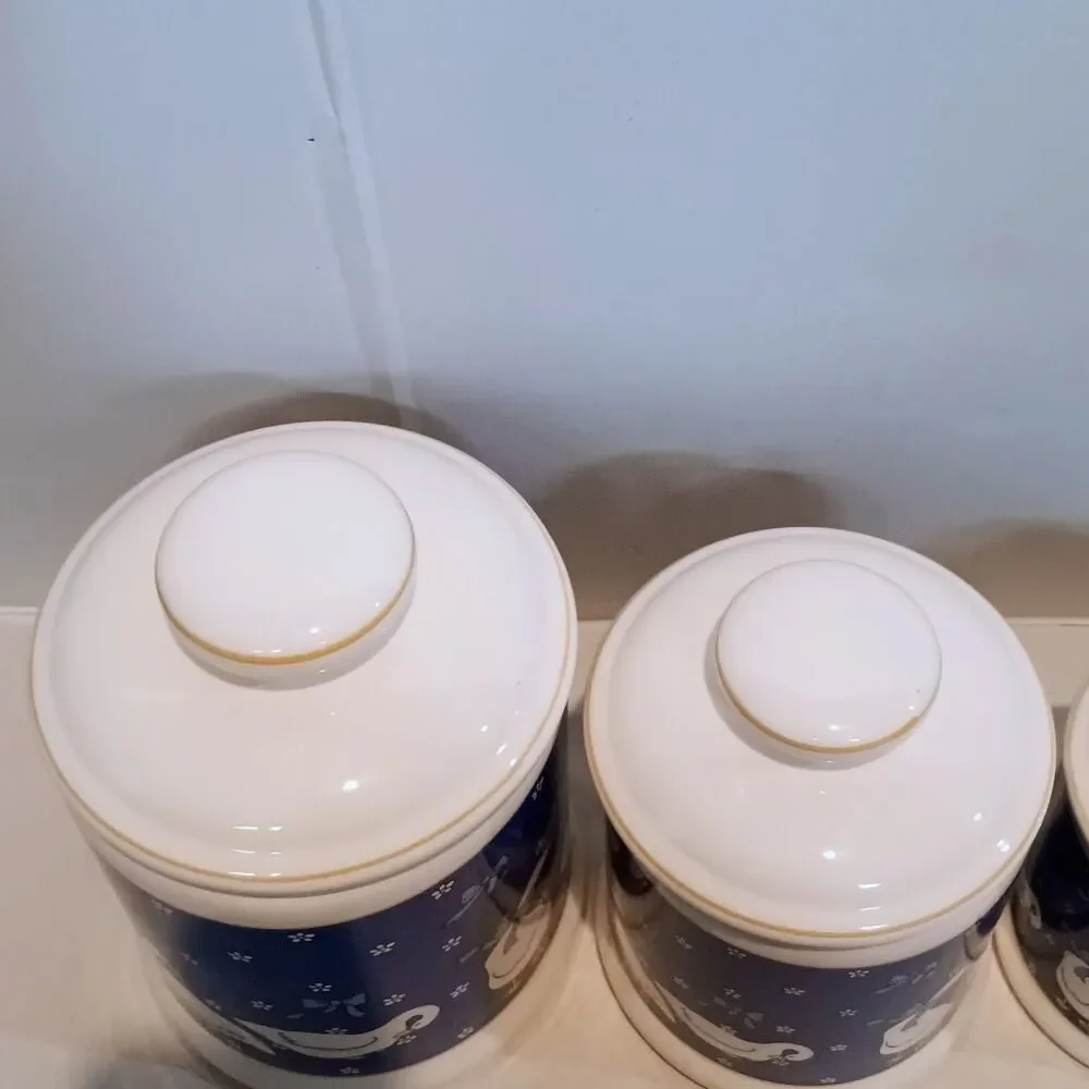 Vintage Ceramic Goose Canister Set-With Lids-Set Of 4-Geese-Ribbons-Country